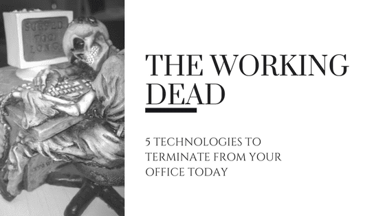 Explore the essential MCC Blog post, 'The Working Dead - 5 Technologies to Terminate from Your Office Today'. The image illustrates a skeleton working at a computer, symbolizing outdated technology that could be hindering your business productivity. Learn about practical and innovative solutions that can replace obsolete technology and elevate your business operations to new levels of efficiency.