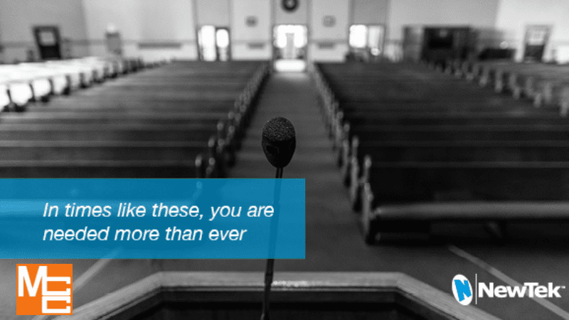 Discover the potential of church AV solutions with our latest MCC Blog post, 'How can houses of worship reach their communities online'. The image features an empty church with the compelling overlay text, 'In times like these, you are needed more than ever'. Learn how the Newtek Tricaster can revolutionize your worship services and enable you to reach your community in new, powerful ways.