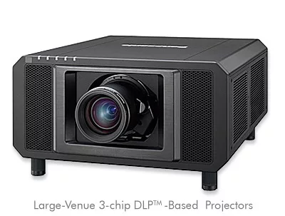 Image displaying the Panasonic Large-Venue 3-chip DLP-based laser projector, a key component in MCC's audio visual solutions. Its sleek design and high-tech features represent the advanced technology used to enhance presentations and events with superior visual quality.