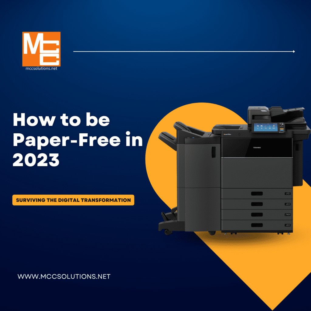 Social graphic for the blog post 'How to Be Paper-Free in 2023.' Set against a blue background, the image includes an illustration of a copier and the subtitle 'Surviving the Digital Transformation,' highlighting the theme of embracing digitization and reducing paper usage in the coming year