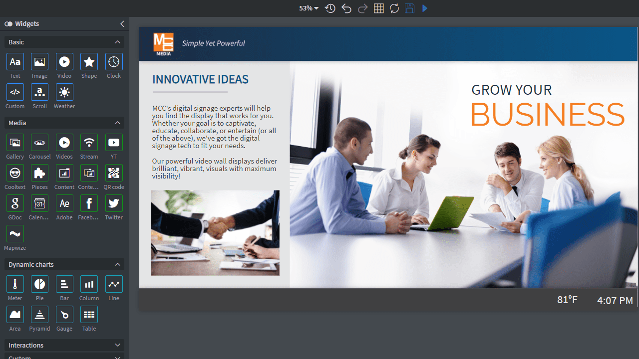 Image of the MCC Media digital signage content management interface showing that digital signage content can be easily created using widgets and drag and drop options
