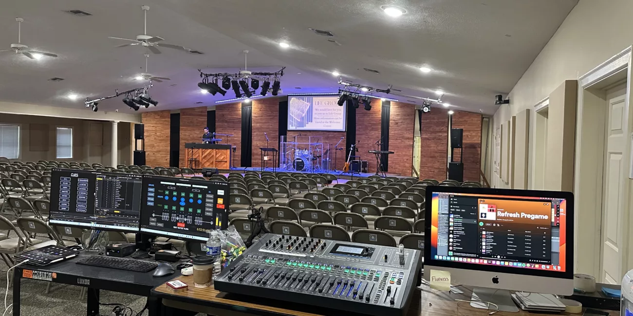 AV installation at the First Baptist Flora Church including lighting systems, sound systems, and video production systems