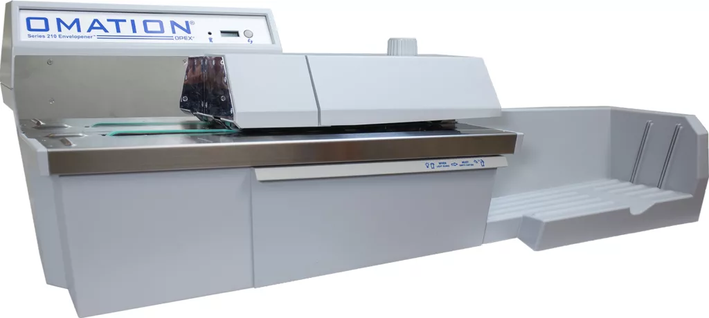 Image of the Omation IM-210 envelope opener system. The image showcases the machine's advanced design, known for its precision and high-speed operation in opening envelopes. Its sleek appearance and functional components, which make it an efficient tool for mailroom operations, are clearly visible.