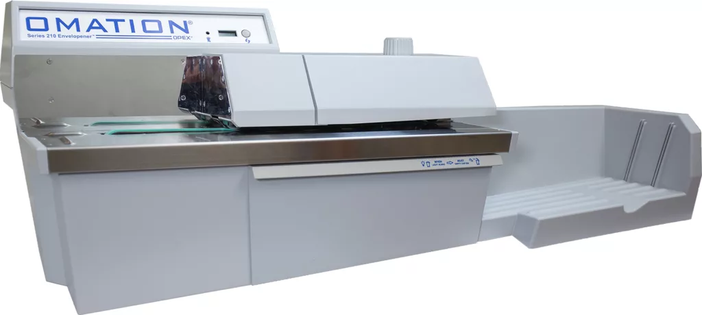 Image of the omation im-210 envelope opener system. The image showcases the machine's advanced design, known for its precision and high-speed operation in opening envelopes. Its sleek appearance and functional components, which make it an efficient tool for mailroom operations, are clearly visible.