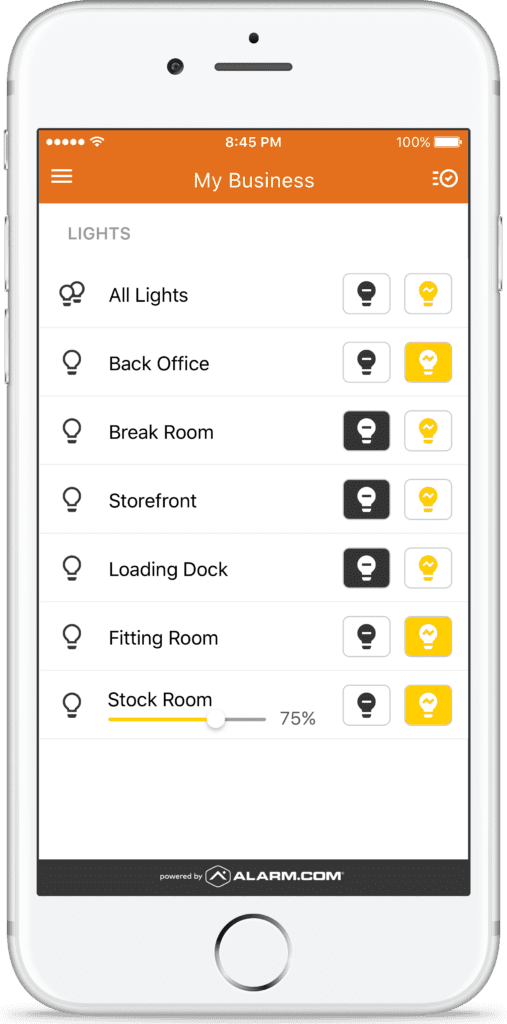 An image of an iphone showing the mcc secure, powered by alarm. Com, mybusiness dashboard that gives business owners the ability to turn lights on/off remotely from anywhere.