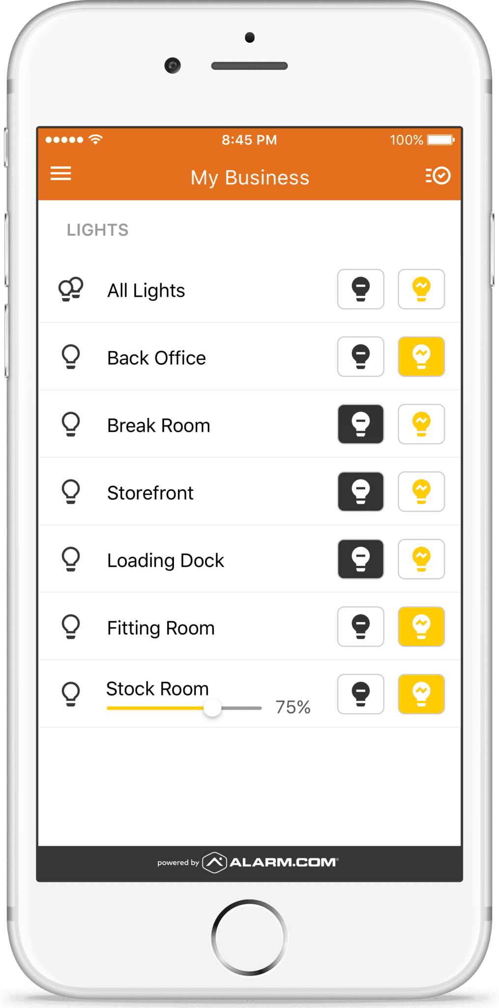 An image of an iPhone showing the MCC Secure, powered by alarm.com, MyBusiness dashboard that gives business owners the ability to turn lights on/off remotely from anywhere.