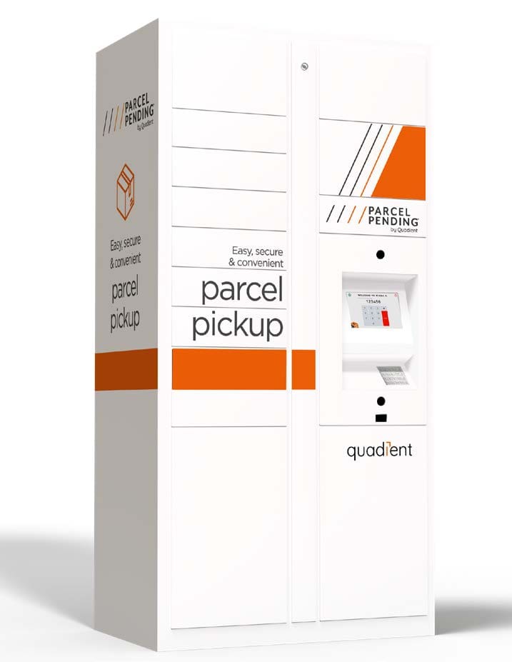 Image of the Quadient Parcel Pending lockers. The image displays the company's innovative solution to package management, showcasing a series of secure, self-service lockers. Their robust design and advanced features, which allow for easy and convenient parcel pick-up and drop-off, are clearly visible.