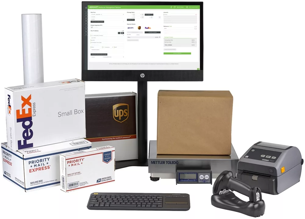 Image of Quadient SMART mailing systems with scanners, scales, and FedEx and UPS packages