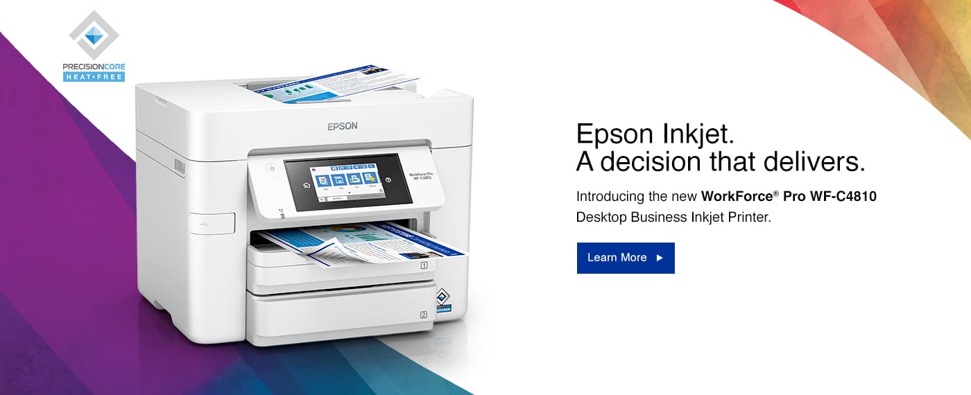 Advertising image for the Epson WorkForce Pro WF-C4810 desktop business inkjet printers. The image highlights the sleek, compact design of the printer, with its large paper capacity trays and intuitive control panel clearly visible. The Epson logo and the model name are prominently displayed, emphasizing the printer's high-quality performance and efficiency for business use.