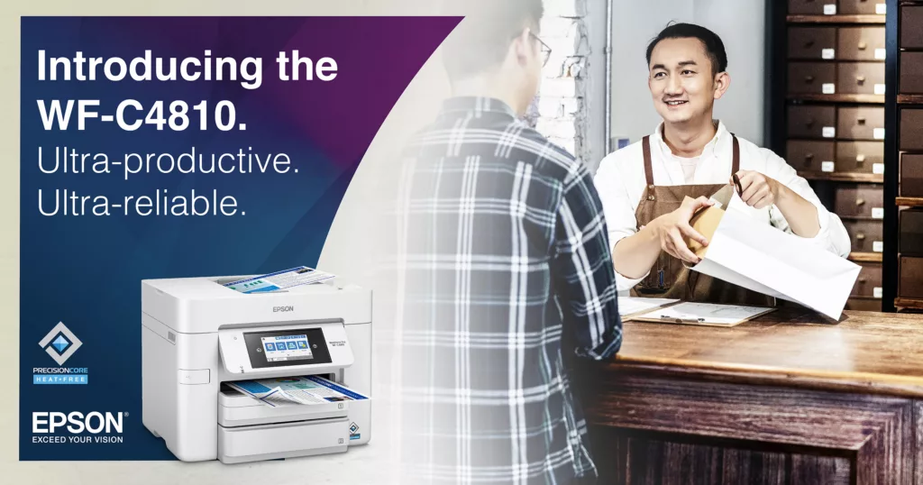 This is an Epson advertisement featuring the Epson WF-C4810 business inkjet printer. The printer is displayed on the left side of the image, showcasing its sleek and compact design. The Epson logo and model name are clearly visible on the device. On the right side of the image, a man is seen assisting a customer with a package, symbolizing excellent customer service and efficiency in a business setting. The ad text 'Ultra-productive. Ultra-reliable' conveys the message that the Epson WF-C4810 is a reliable and efficient tool for businesses.