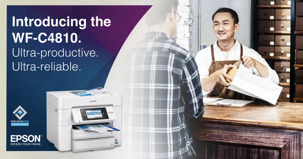 This is an epson advertisement featuring the epson wf-c4810 business inkjet printer. The printer is displayed on the left side of the image, showcasing its sleek and compact design. The epson logo and model name are clearly visible on the device. On the right side of the image, a man is seen assisting a customer with a package, symbolizing excellent customer service and efficiency in a business setting. The ad text 'ultra-productive. Ultra-reliable' conveys the message that the epson wf-c4810 is a reliable and efficient tool for businesses.