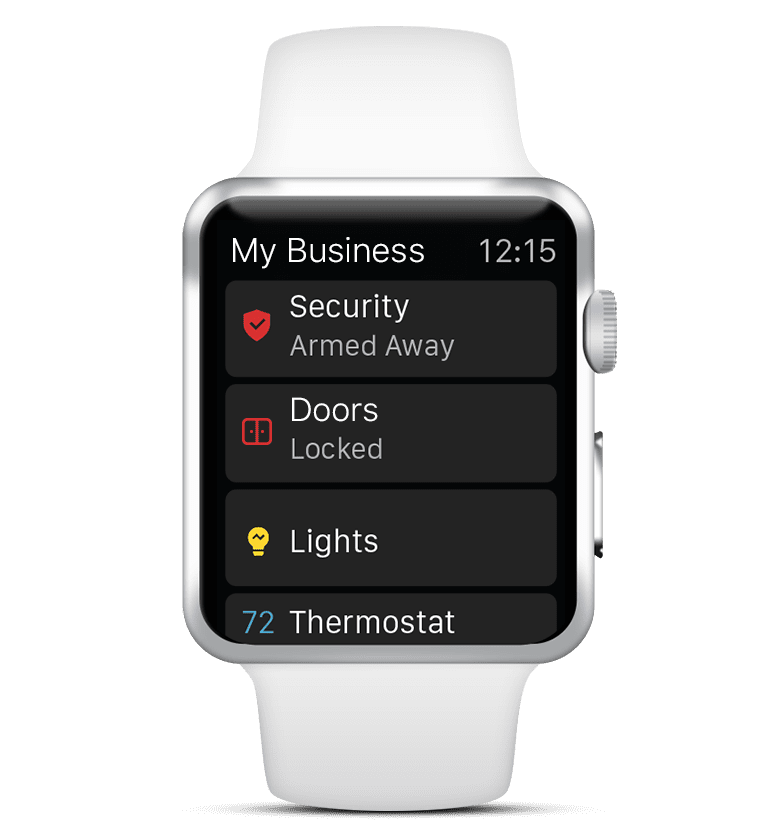 MCC Secure, powered by alarm.com, business security camera system dashboard notifications on a smart watch
