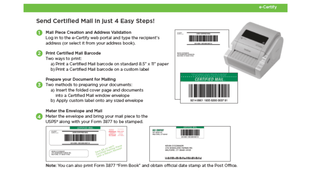 Quadient graphic showing how easy it is to use certified mail in 4 easyt steps