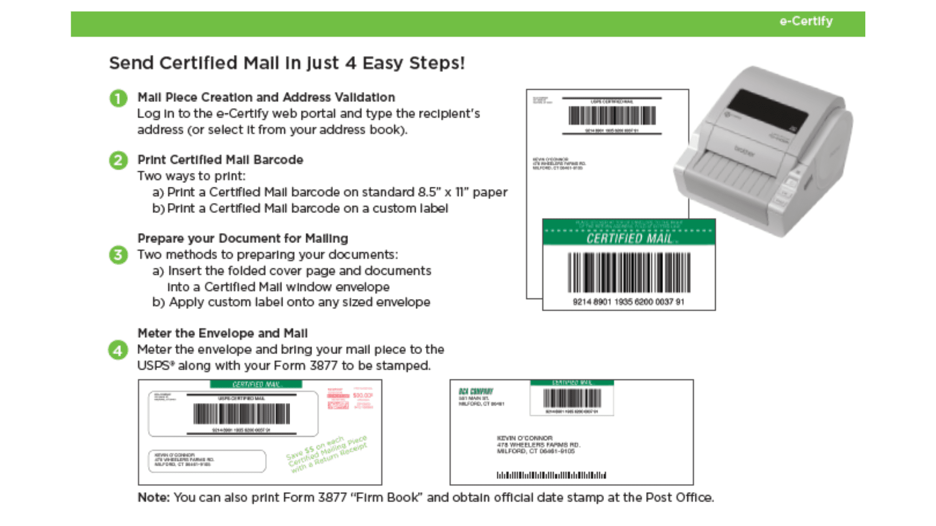 Quadient graphic showing how easy it is to use certified mail in 4 easyt steps - connectsuite e-certify mailing software