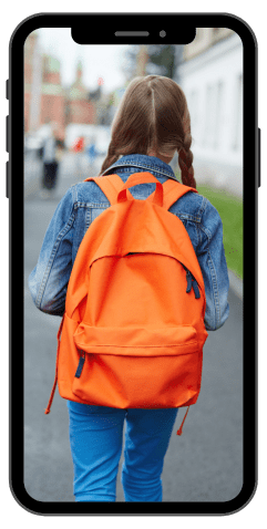 Girl with orange backpack walking away on a cell phone mock-up - education technology solutions