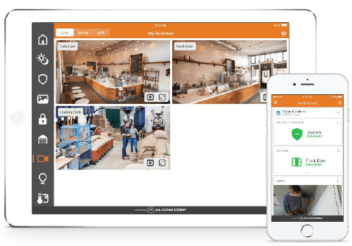 An iPad and iPhone showing the MCC Secure business security cameras on the app dashboard