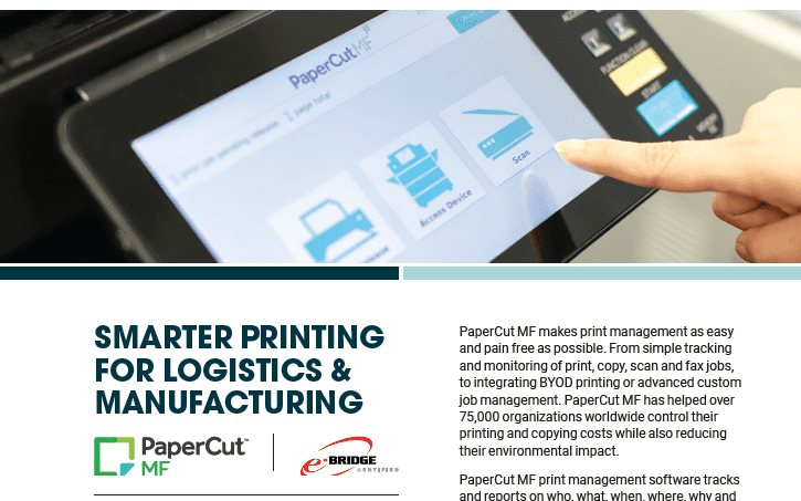 This graphic presents a copier screen displaying the user-friendly interface of PaperCut MF, an effective print management system. The screen shows various options, reflecting the software's comprehensive features to monitor and control print resources. Beneath the copier screen, there is text explaining how PaperCut MF simplifies the process of print management, making it easy and painless for users.