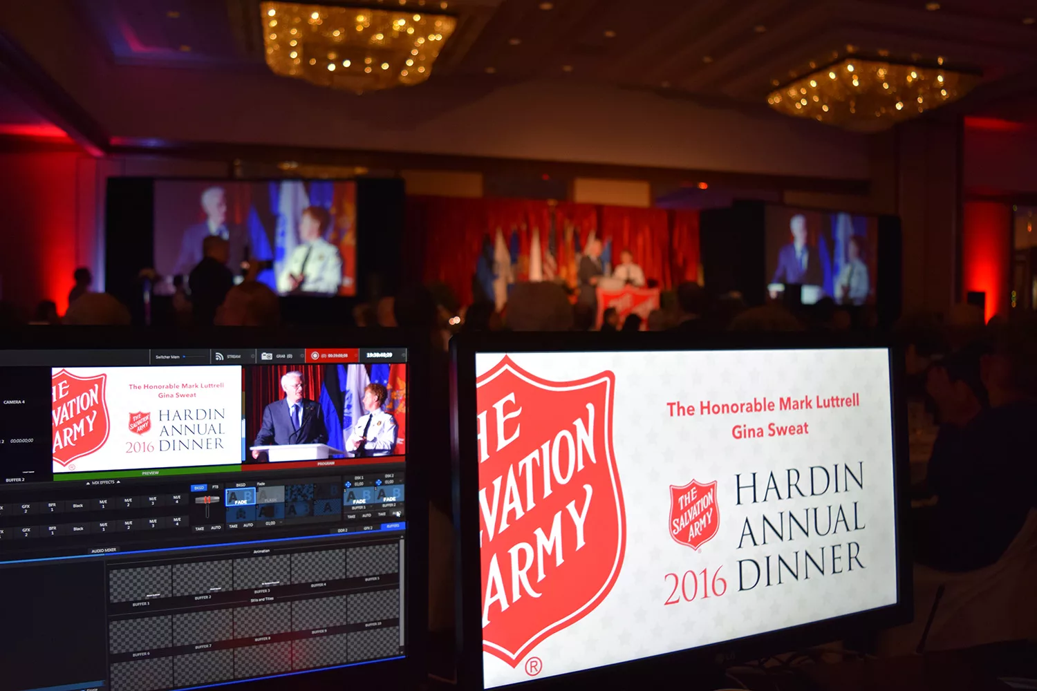 Image taken at the Salvation Army 2016 Hardin Annual Dinner, concentrating on the computer screens in the foreground. The screens display the NewTek Tricaster software, illustrating the live video production process in action. This snapshot provides a glimpse into the high-quality live video production services provided by MCC during significant events.