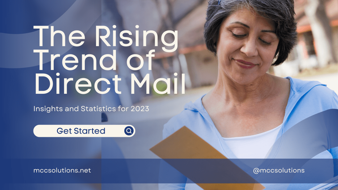 title graphic for MCC's insightful blog post, 'The Rising Trend of Direct Mail: Insights and Statistics for 2023'. The image professionally portrays a contented woman happily checking her mail, embodying the practical benefits and user satisfaction derived from MCC's direct mail solutions. A definite call to action for embracing the rising trend of direct mail in 2023.