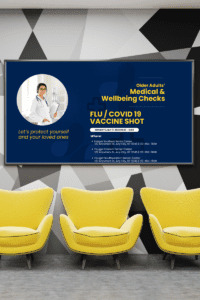 Digital signage display in a healthcare facility, featuring a doctor and healthcare information. The image showcases a graphic black and white wall, with three yellow chairs in the waiting area.